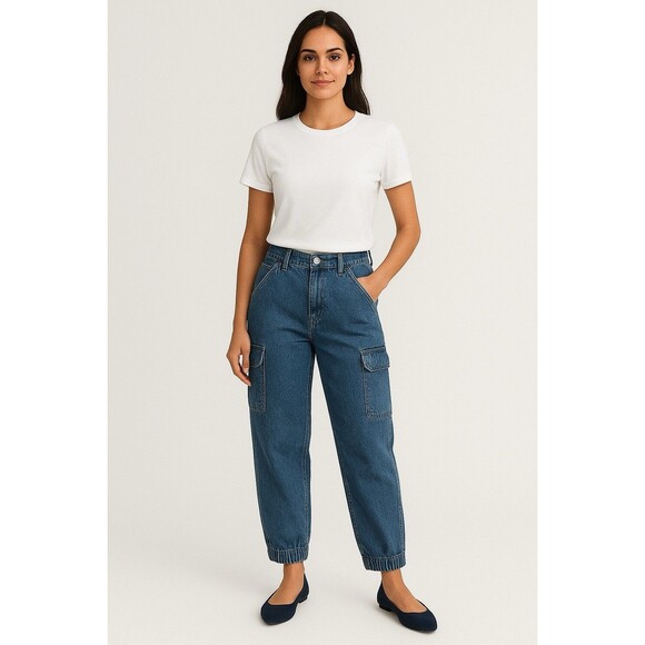 American Eagle Pants 8 Long Blue Cargo Barrel Baggy Jogger Comfort Utility Mom - Picture 1 of 11